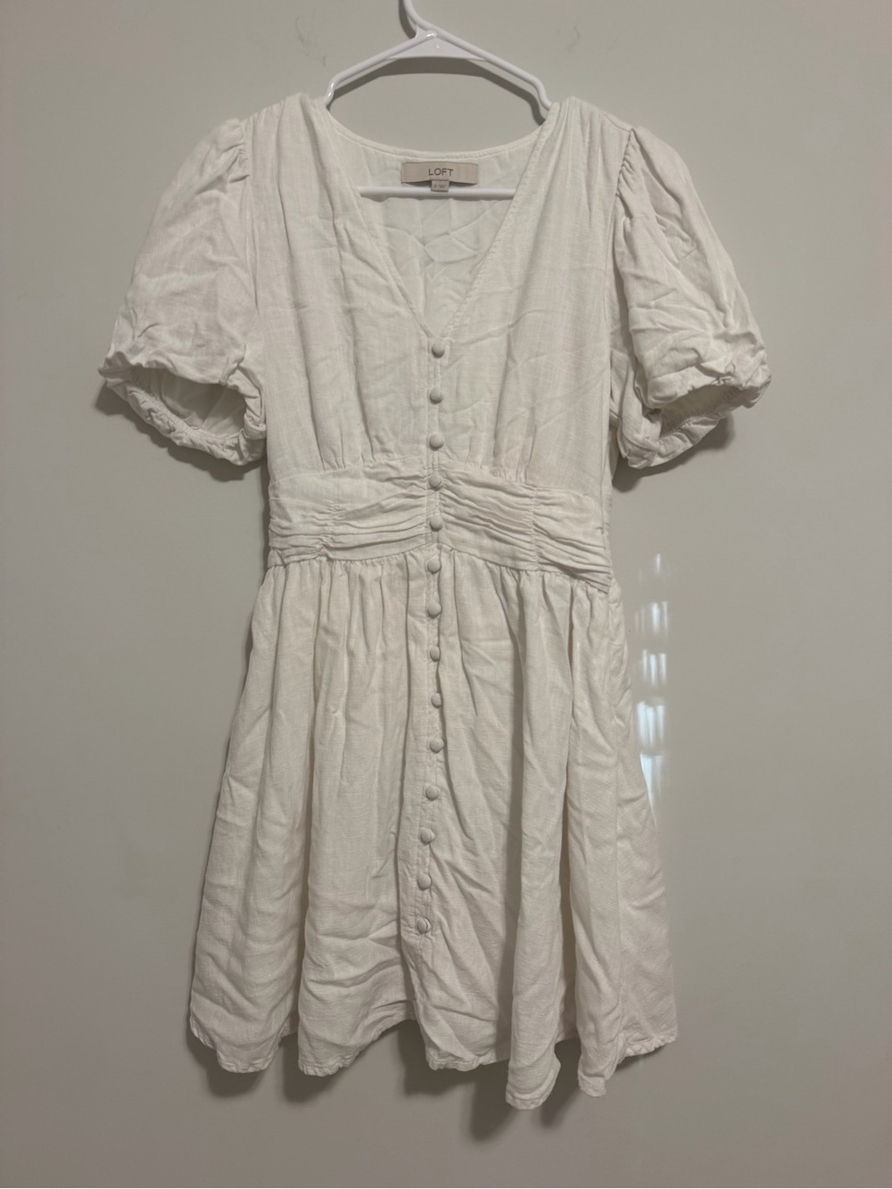 LOFT Cream Button-Front Short Puff Sleeve Mini Dress